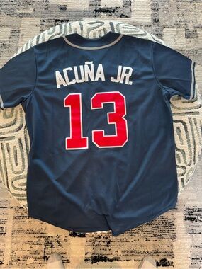 Ronald Acuña Jr. #13 Atlanta Baseball Jersey Navy Size Large